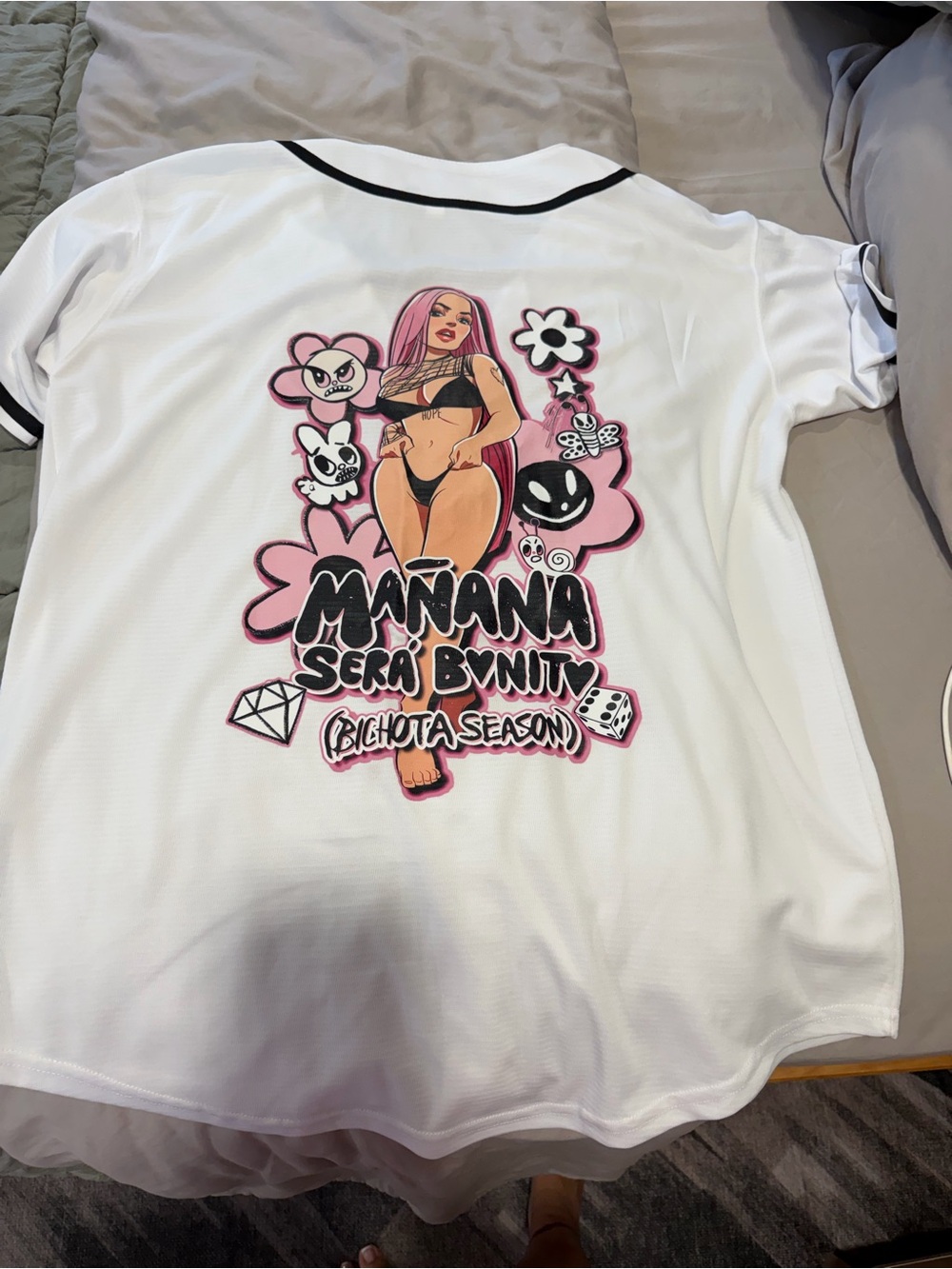 White Women's Baseball-Style Jersey with Pink Graphic Back Print